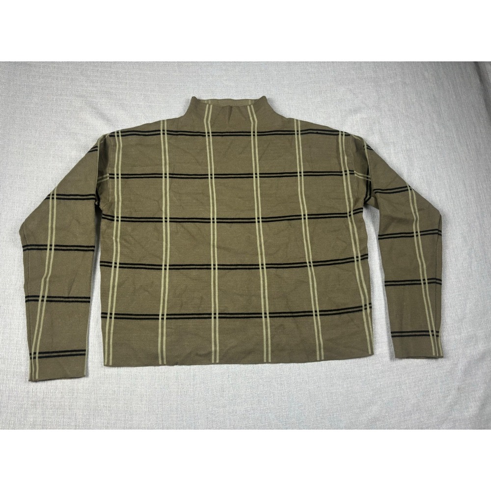Max Studio Women Mock Neck Long Sleeve Plaid Sweater Top Khaki Green Size L